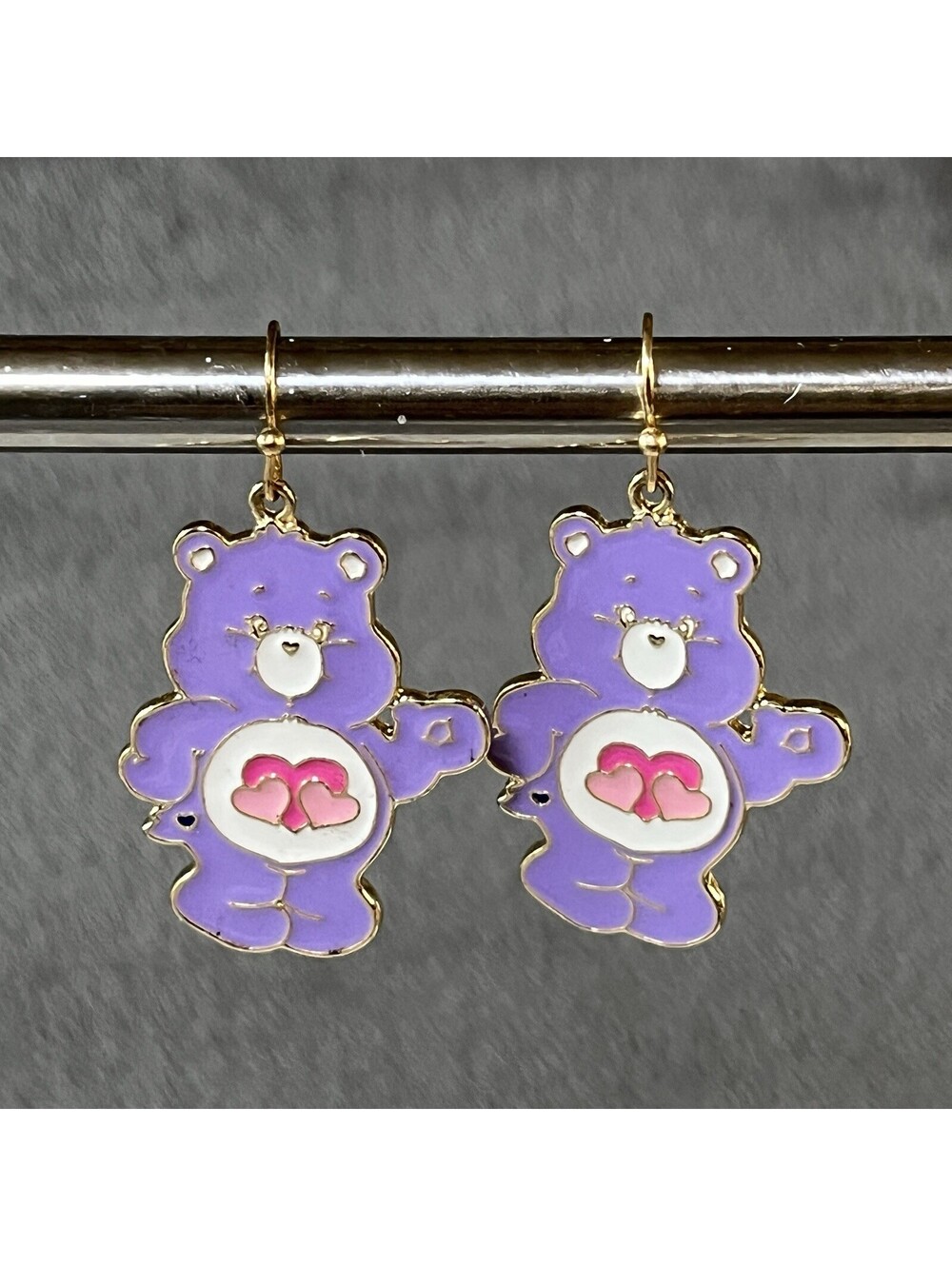 Pastel Purple Share Bear Enamel Dangle Earrings Gold Drop Double Heart Belly